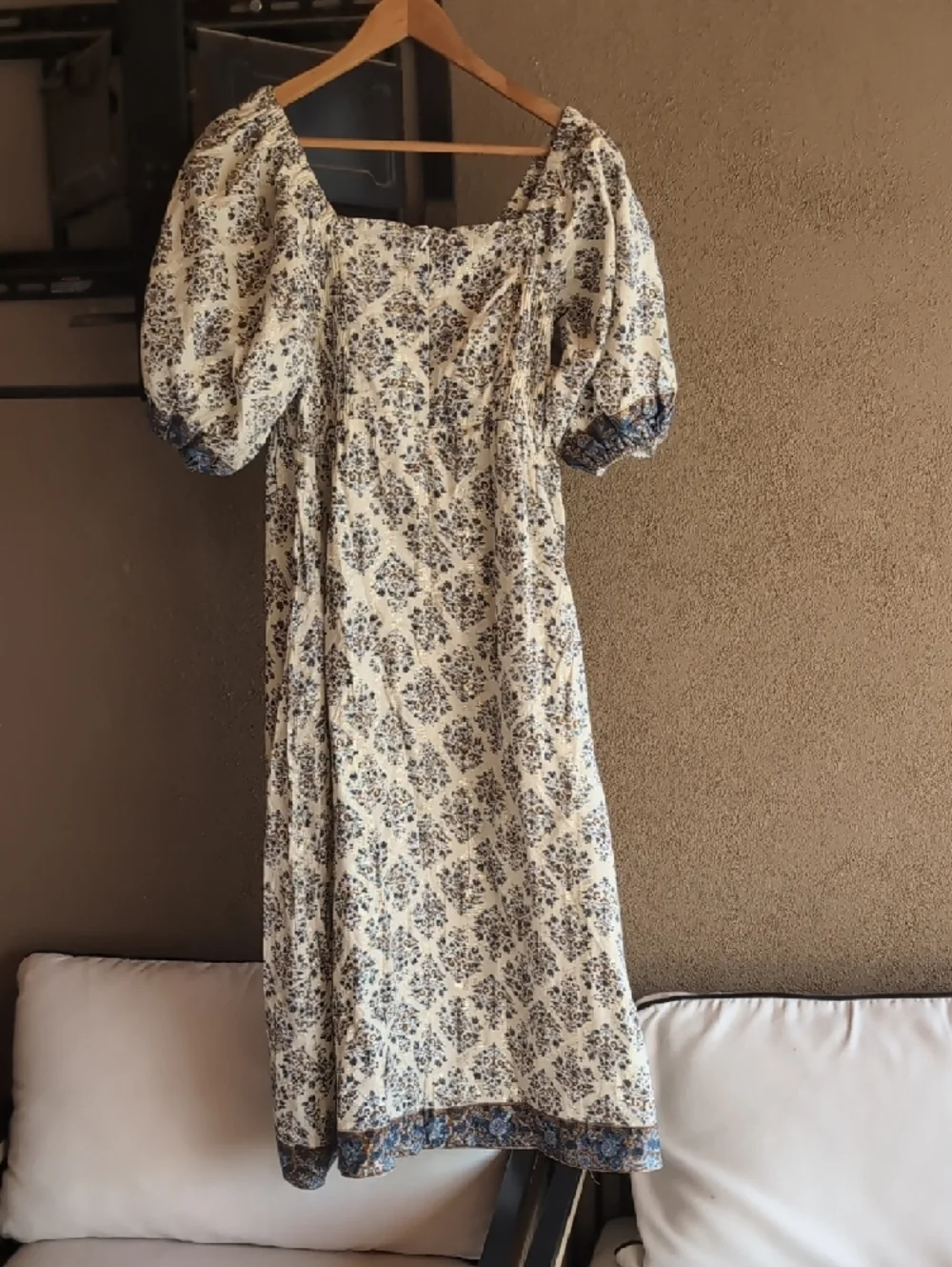 Clara the Label Eleanor Sandstone Cream & Blue Floral Midi Dress 100% Cotton